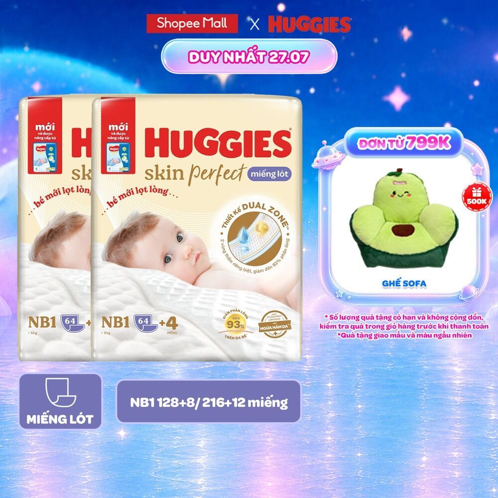 Combo 2/Combo 3 gói Miếng lót sơ sinh Huggies Skin Perfect 2 vùng thấm giảm kích ứng da NB1 64+4/NB1