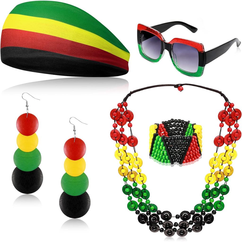 Bộ 5 Món Rasta Nữ Trang Sức Rasta Phụ Kiện Cho Nữ Bao Gồm Băng Đô, Kính Mát, Bông Tai Tòn Ten Gỗ, Vò