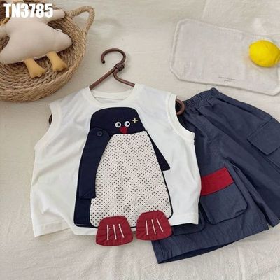 Bộ Đồ Bé Trai Áo Sát Nách Đắp Chim Cánh Cụt 3D Quần Short Túi Hộp Xanh Navy MINTSCLOSET TN3785