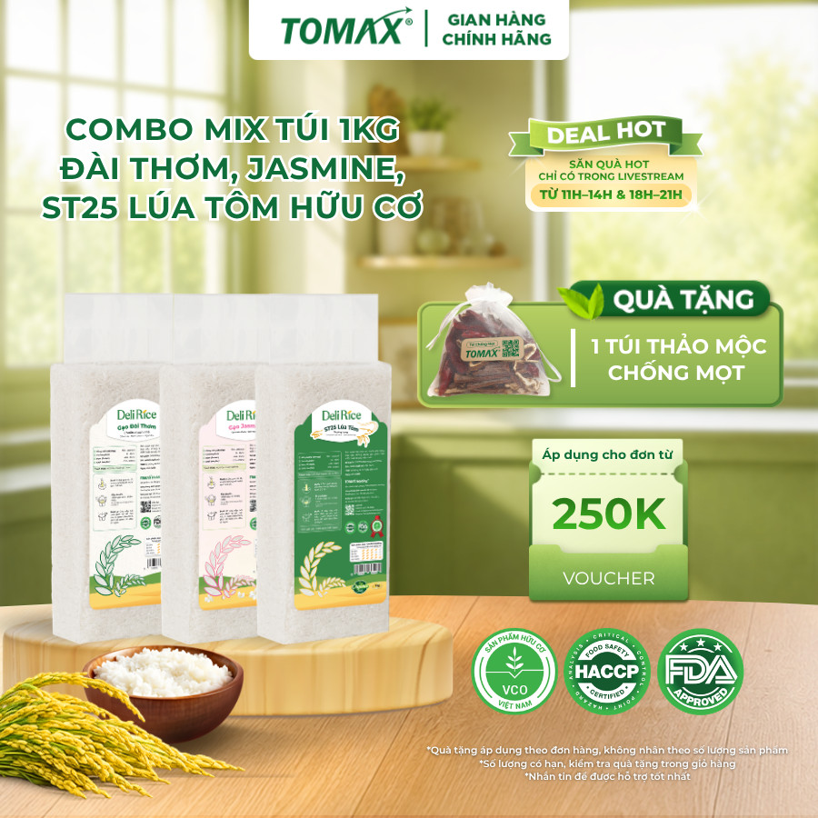 Vi Phúc (1kg Jasmine + 1kg Lúa Tôm + 1kg Đài Thơm Deli Rice) Gạo Ngon Dẻo, Thơm Nhẹ – TOMAX