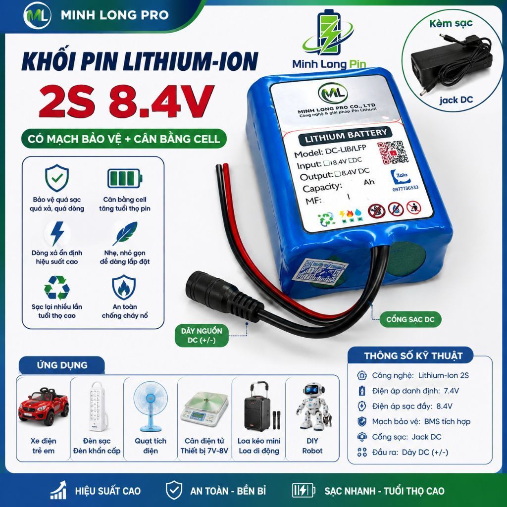 Khối Pin Lithium-Ion 2S 7.4V 8.4V 10Ah Cho Xe Trẻ Em, Loa Bluetooth, Quạt Tích Điện, Cân Điện Tử