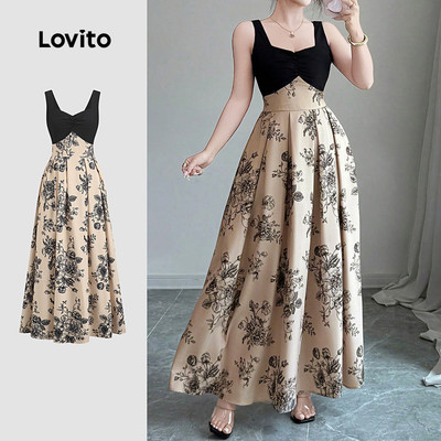 Đầm Lovito thanh lịch ghép vải phối màu mùa xuân/hè cho nữ LK3ED923