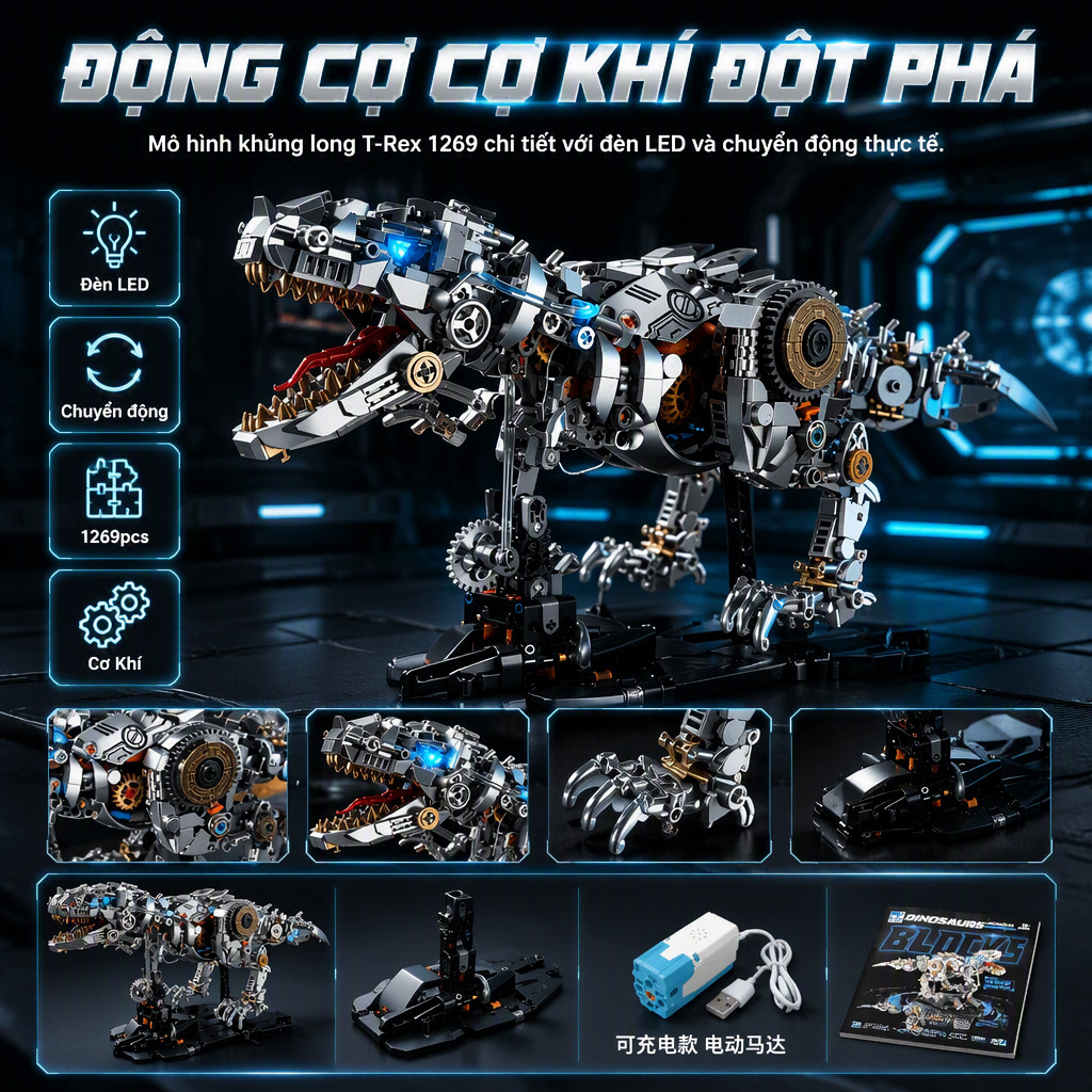 Mô Hình Lắp Ráp Khủng Long T-Rex Cơ Khí 1268 Chi Tiết Động Cơ Điện Sạc Tích Hợp Đèn LED Tương Thích 
