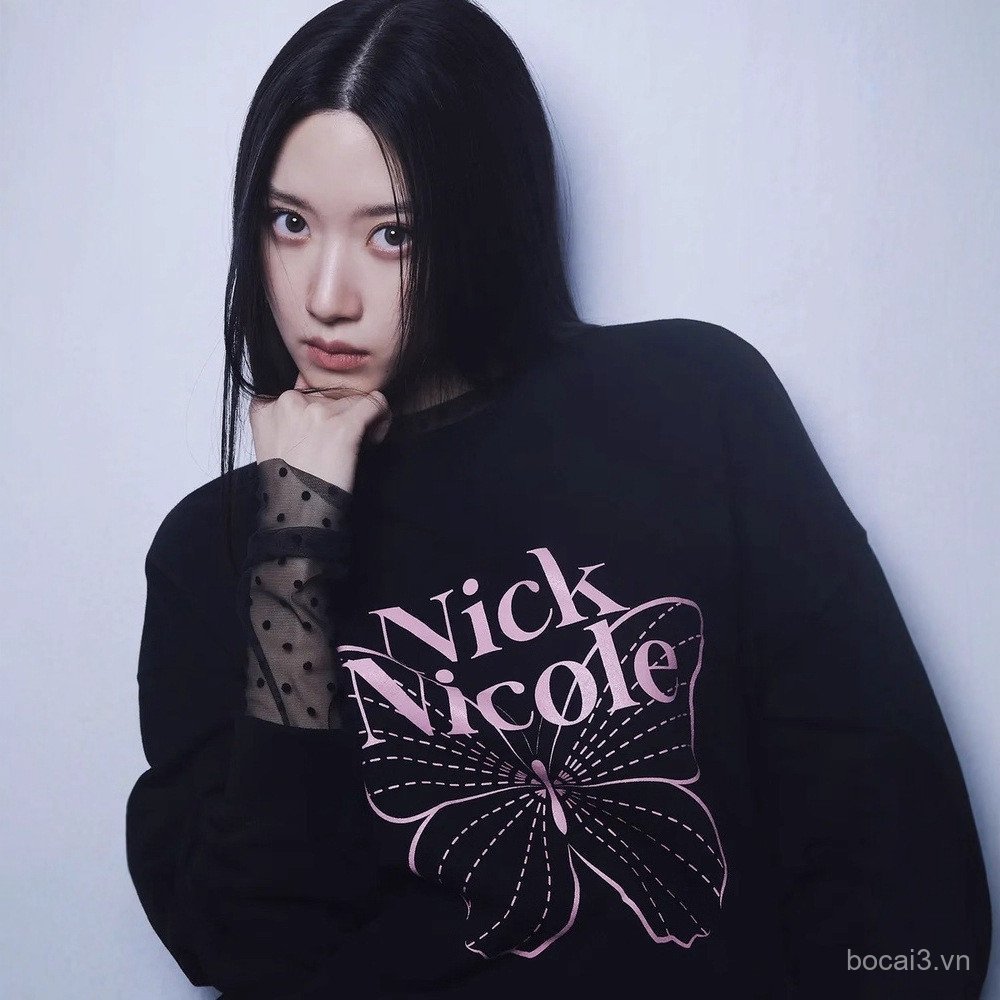 RQCR South Korea NICK NICOLE Butterfly letter print embroidered round neck sweatshirt, loose long-sl