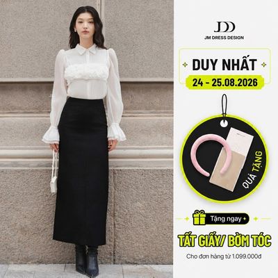 Set đồ áo sơ mi ren hoa nhún bồng tay 2S22.2506OG + chân váy suông cạp liền 4L08.2506K – Set thanh lịch công sở JM