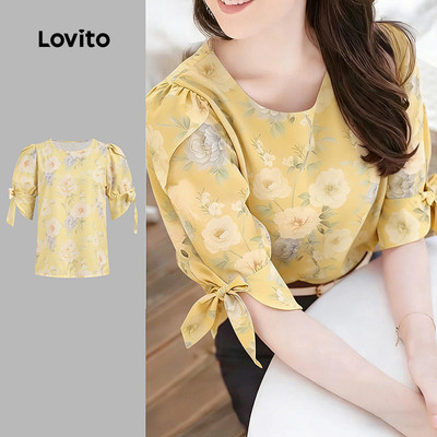 Áo kiểu nữ Lovito vàng nhạt xuân hè hoa buộc phía trước thanh lịch LK6ED781