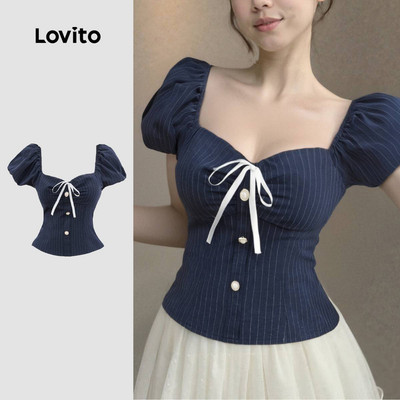 Áo Lovito Phong cách thường ngày phối nơ ngọc trai mùa xuân/hè màu xanh navy cho nữ L137LD131