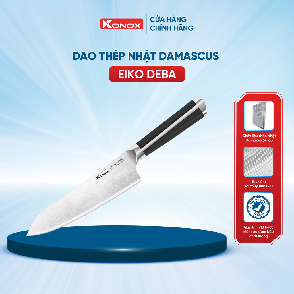 Dao thép Nhật Damascus 67 lớp Konox Eiko Series 7″ Deba Knife