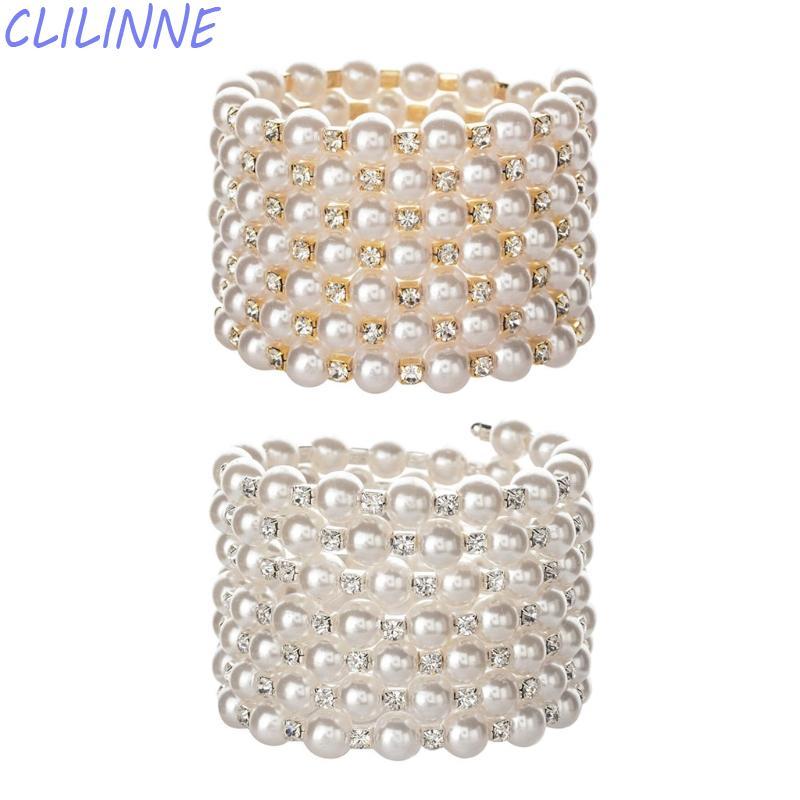 Vòng tay ngọc trai bạc CLI với pha lê và kim cương lấp lánh Vòng tay đàn hồi ngọc trai-7 hàng Art De