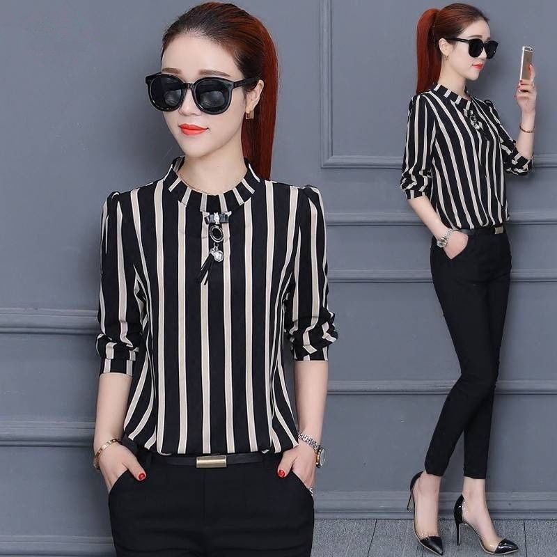 57 Tay Ngắn Áo Sơ Mi Nữ Sọc Mùa Hè plus size top Áo Thường Ngày