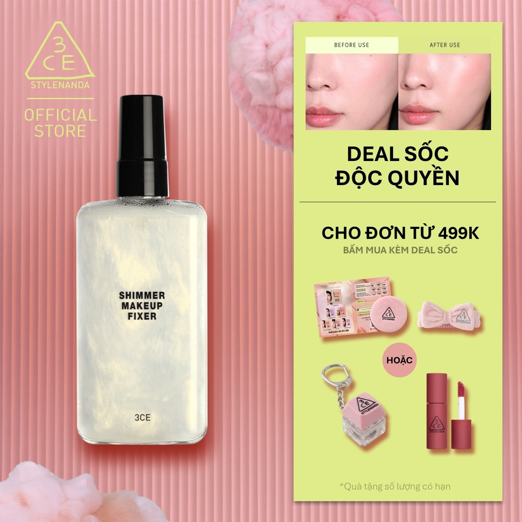 Xịt Khóa Nền 3CE Shimmer Makeup Fixer Tia Sương Mỏng Nhẹ, Bền Chắc Lâu Trôi, Hiệu Quả Giữ Ẩm Căng Bó