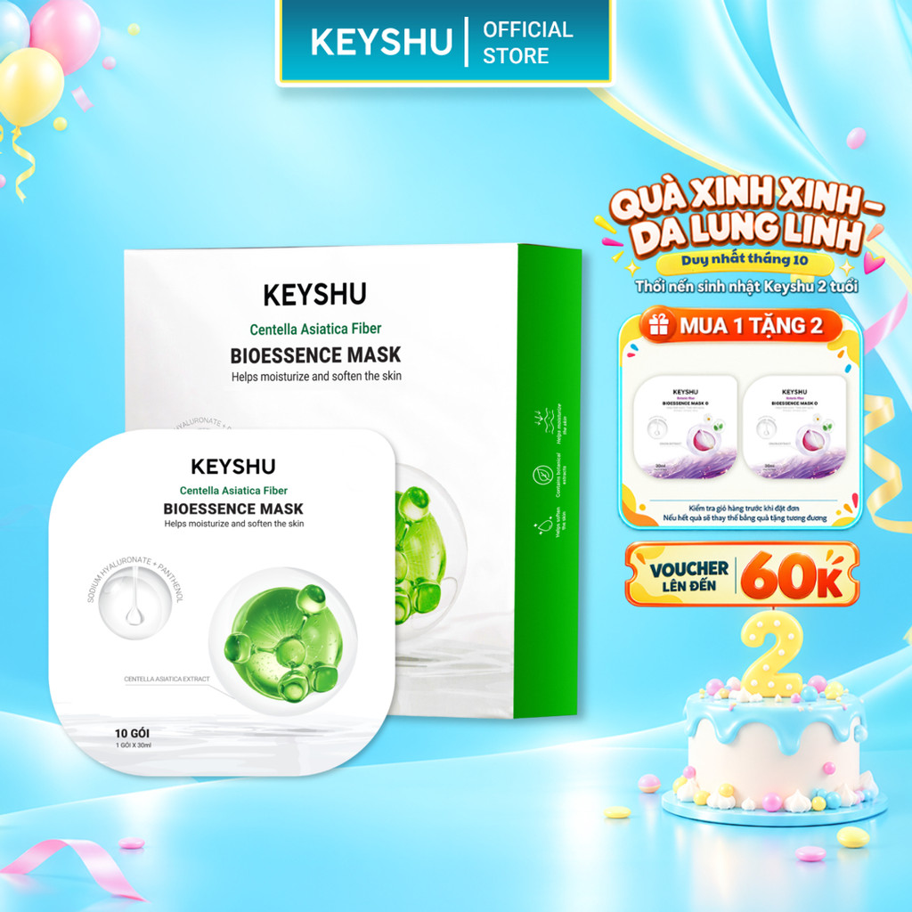 1 Hộp Mặt Nạ Sợi Xơ Rau Má Centella Fiber KEYSHU Dưỡng Ẩm, Hỗ Trợ Ngăn Ngừa Lão Hóa 10 Miếng 30ML