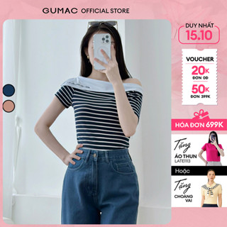 Áo thun nữ kiểu lệch vai tay ngắn màu xanh sọc ngang thêu chữ thời trang GUMAC LAF0815