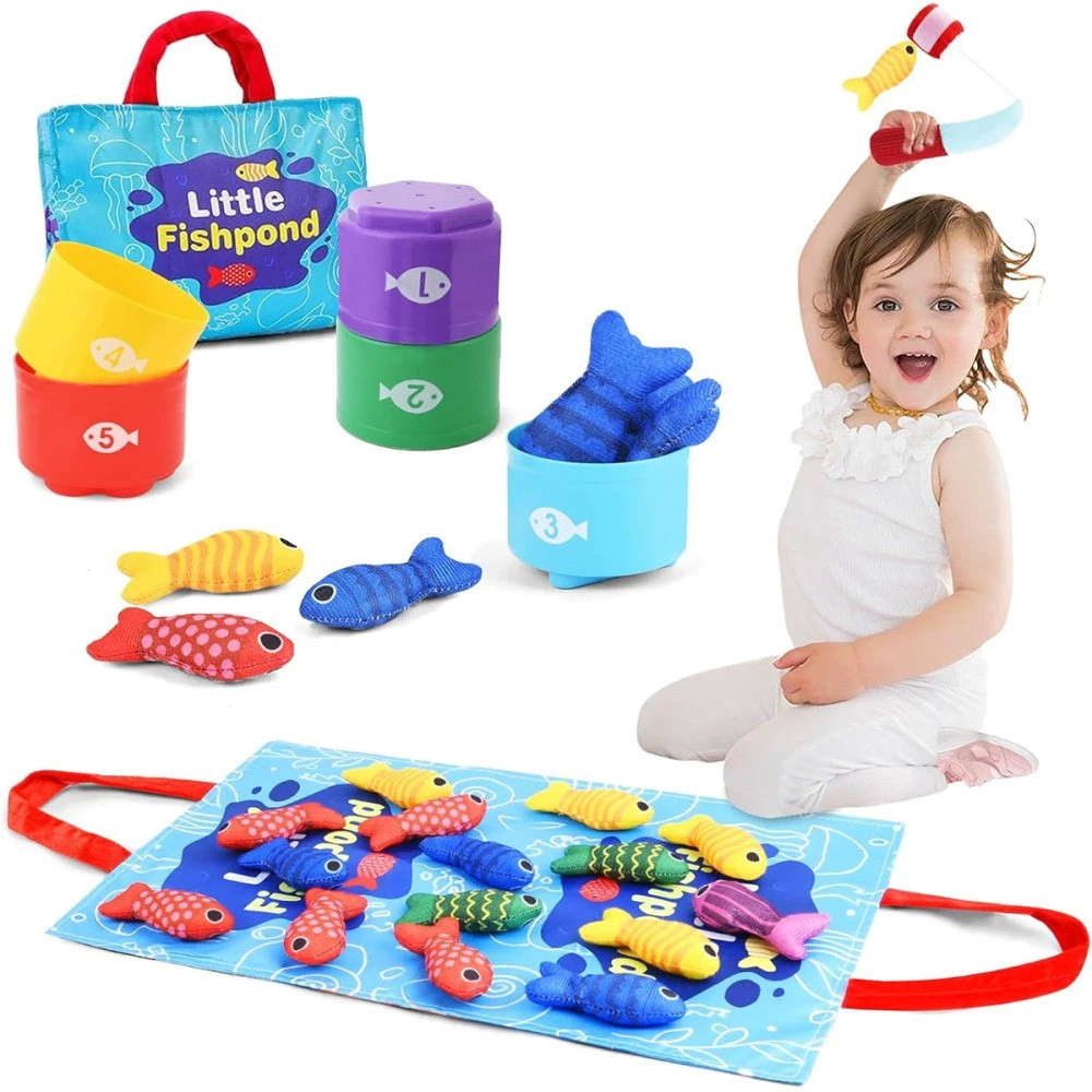 Stacking Cups Montessori Toys, Number Counting Shape Learning Color Sorting Cloth Fishing Game