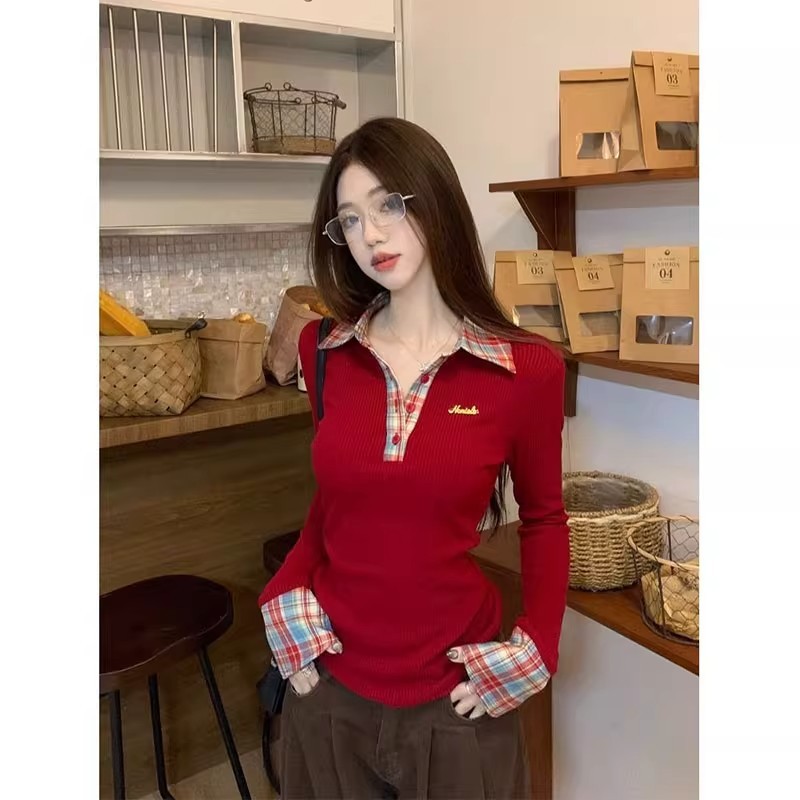 Áo Polo tết giáng sinh thun dài tay nữ giữ ôm body baby tee Thời Trang Kiểm Tra Top Nữ Thu Đông Phong Cách Mới Khâu | BigBuy360 - bigbuy360.vn