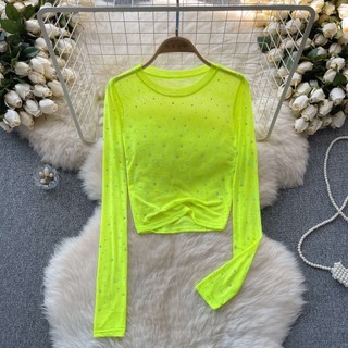 Milyfashion Châu Âu Mỹ Dài Tay Sequined Gạc Top Nữ Niche Sang Trọng Pure Desire Hot Girl Gợi Cảm Nhìn Xuyên Qua Bên Trong Đáy Áo Sơ Mi