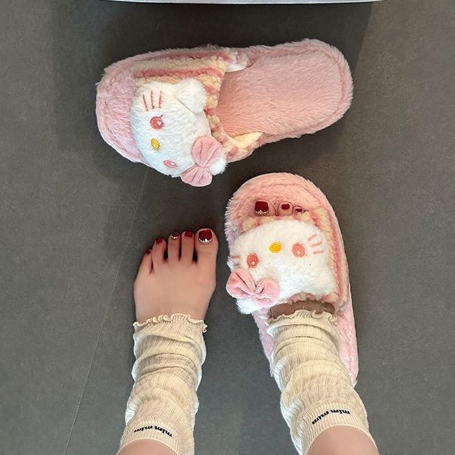 New Cute Sweet Girly Hello Kitty Open Toe Fluffy Slippers Women's Outdoor Wear Autumn and Winter New