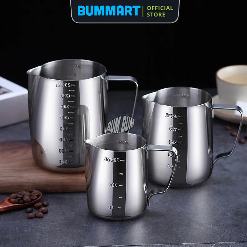 [Cao Cấp] Ca đánh sữa inox 304 (có vạch chia) 350ml - 550ml - 900ml , ca đong đựng nước inox chia vạ