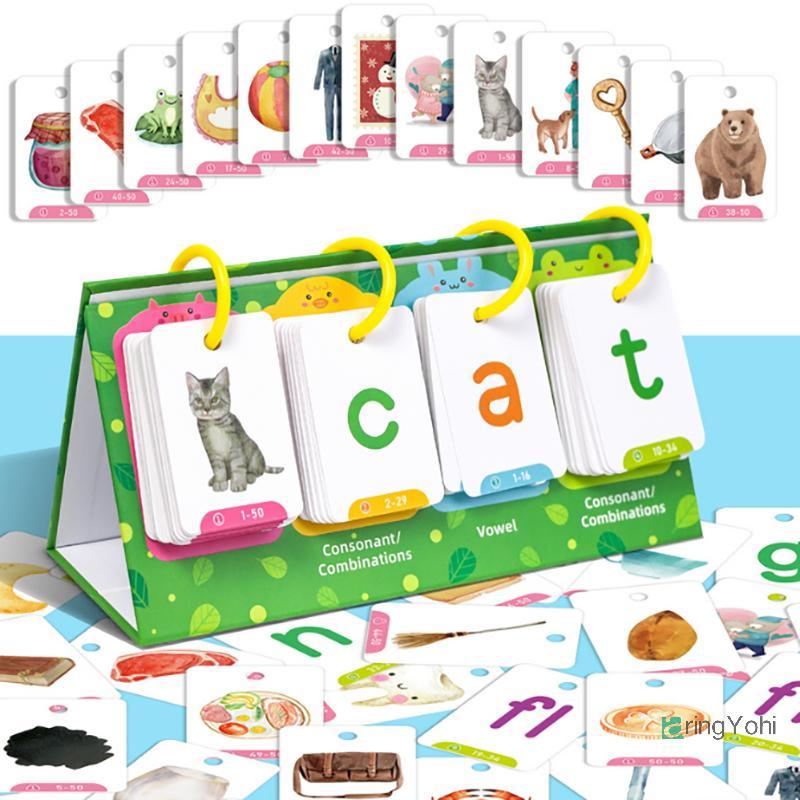 AringYohi] Kids CVC Words Flashcards Phonics Flip Chart Word Builder Sight Words Công cụ học tập Bài