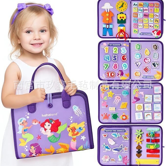 Felt learning board for children early education, DIY purple five-page mermaid quiet book