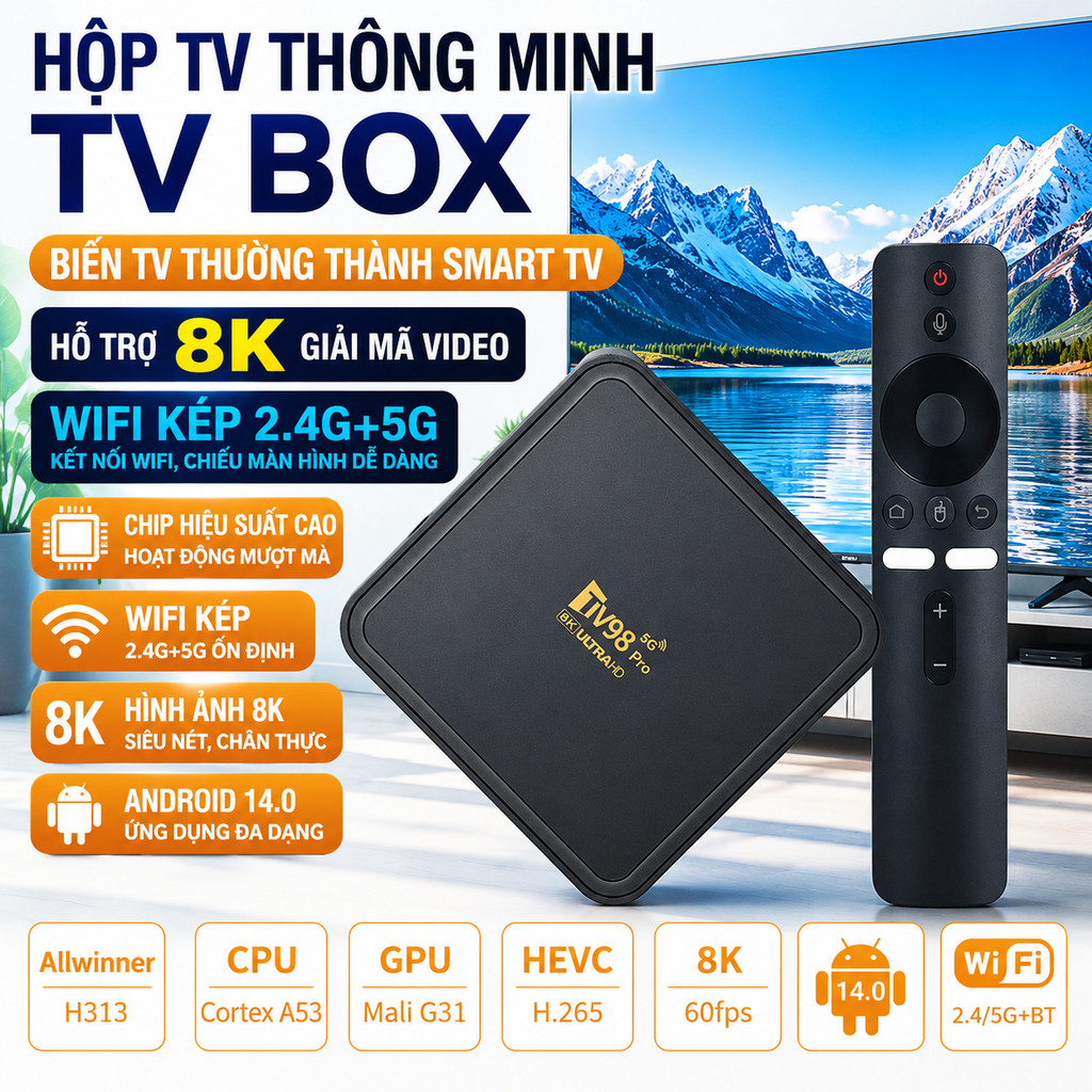Android 14 TV98 Pro TV Box Allwinner H313 WiFi băng tần kép đầu phát đa phương tiện 4K thông minh