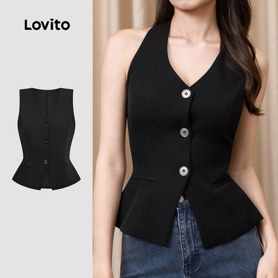 Áo Lovito thanh lịch có nút phía trước xẻ tà mùa xuân/hè màu đen cho nữ LBL34031