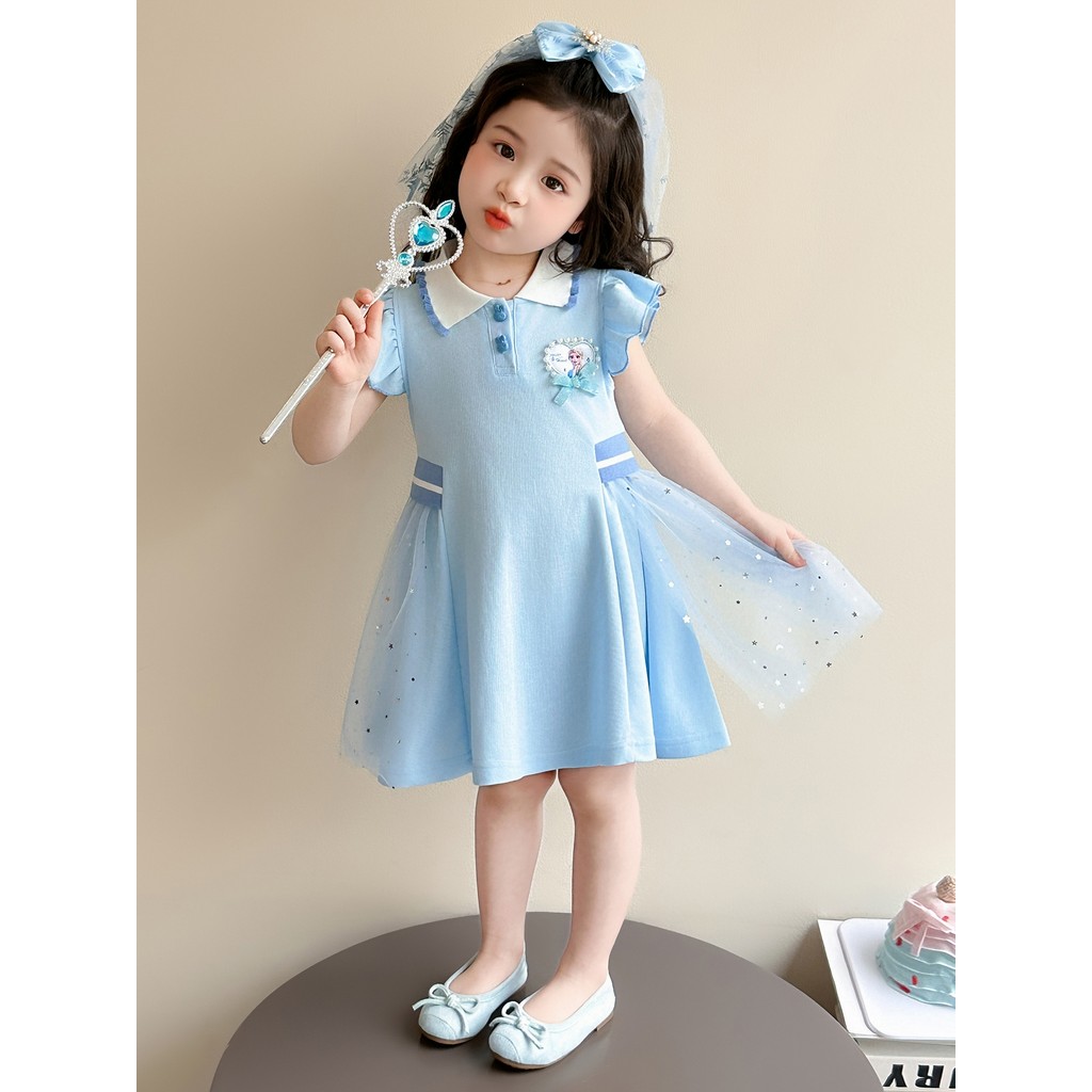 Bé Gái Elsa Bay Tay Áo polo Lưới Đầm 2026 Phong Cách Mới Cho Bé Frozen Đầm Công Chúa Elsa Đầm