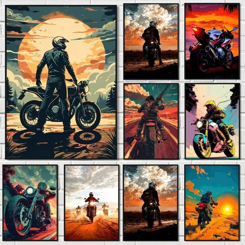 Motorcycle Rider at Sunset Painting Calligraphy Eco-Friendly Cotton Canvas Poster Waterproof Wall Ar