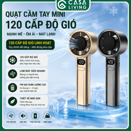 Quạt Cầm Tay Mini 120 Cấp Độ Gió, Màn Hình Hiển Thị Pin & Tốc Độ, Sạc USB Tiện Lợi, Gió Mạnh, Pin Du
