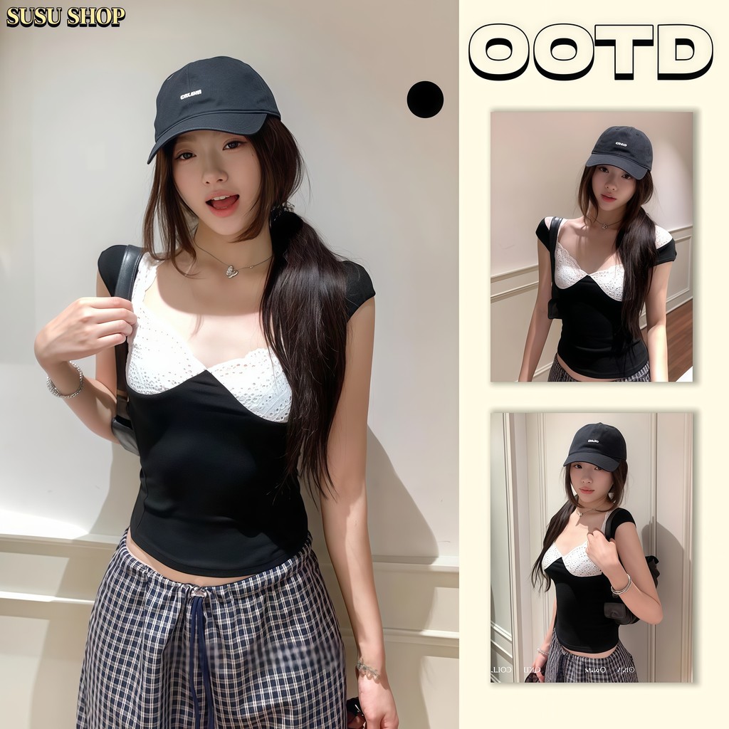 Áo thun nữ cổ vuông SuSu có ren trang trí Slim Fit màu đen phong cách Hàn Quốc và hình dáng đẹp-A246