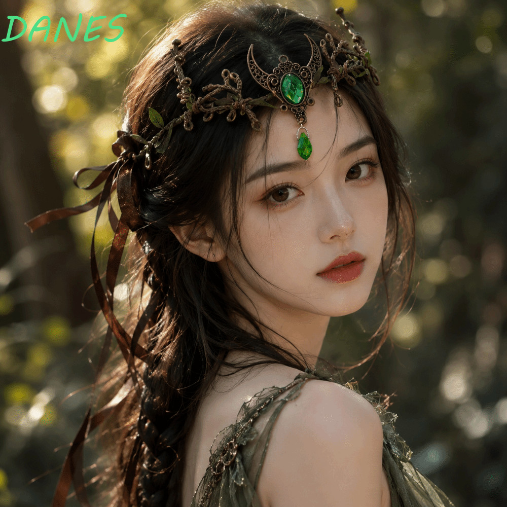 FRBFRB Flower Elven Crown, Vintage Moon Bridal Forehead Chain, Woodland Theme Gemstone Renaissance G