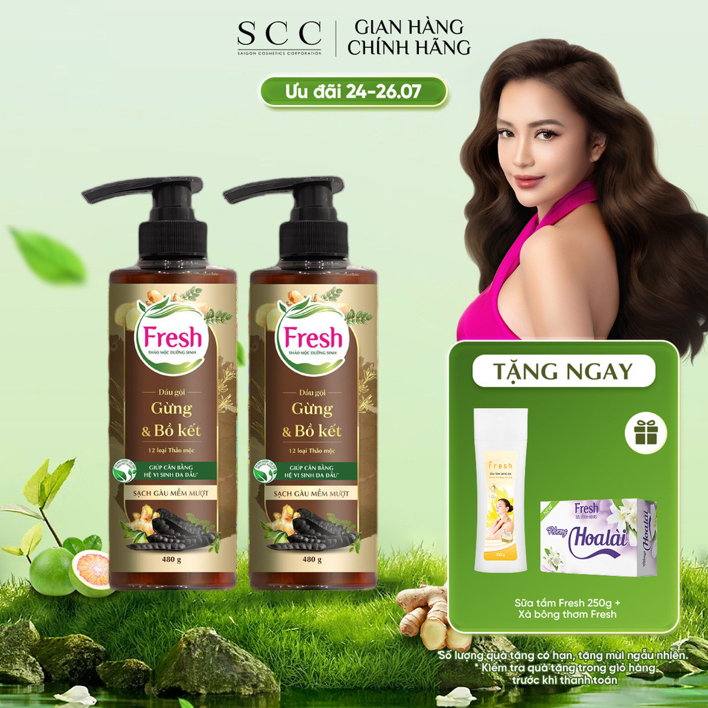 Combo 2 Chai Dầu Gội FRESH Thảo Mộc Dưỡng Sinh - Sạch Gàu Mềm Mượt 480g/chai