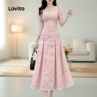 Lovito Váy nữ mùa xuân/hè màu hồng nhạt xếp ly dáng thanh lịch dễ chịu phong cách LK5ED1581