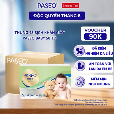 [Thùng 48 Gói] Khăn Giấy Rút Cho Bé PASEO Baby 50 Tờ/Gói Mềm Mịn An Toàn Cho Da Nhạy Cảm (3 Lớp)