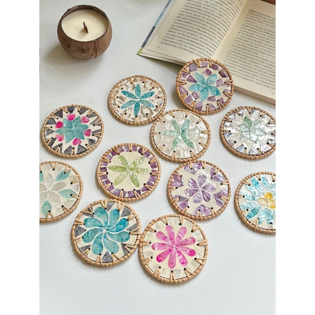 Shell Coaster Việt Nam Mây Thảm Trang Trí Tròn Coaster Dệt Nhiều Màu Sắc Handmade Trà Coaster Thảm Ă
