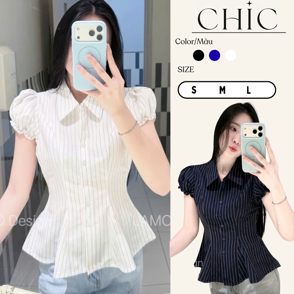 Áo Sơ Mi Nữ Sọc Dọc Tay Phồng Dây Rút Eo Form Ôm Tôn Dáng Cổ Đức Thanh Lịch Hàn Quốc Công Sở Hot Trend-Chic House