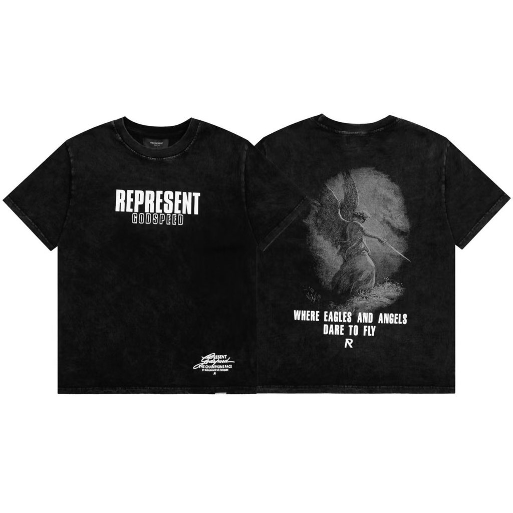 EH0L Represent Letter Angel's Sword Print Vintage Washed Distressed Loose Short Sleeve T T-shirt Men