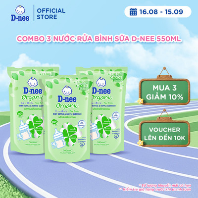 Combo 3 Nước rửa bình sữa D-nee từ nha đam hữu cơ, an toàn lành tính, khử khuẩn hiệu quả - Túi 550ml