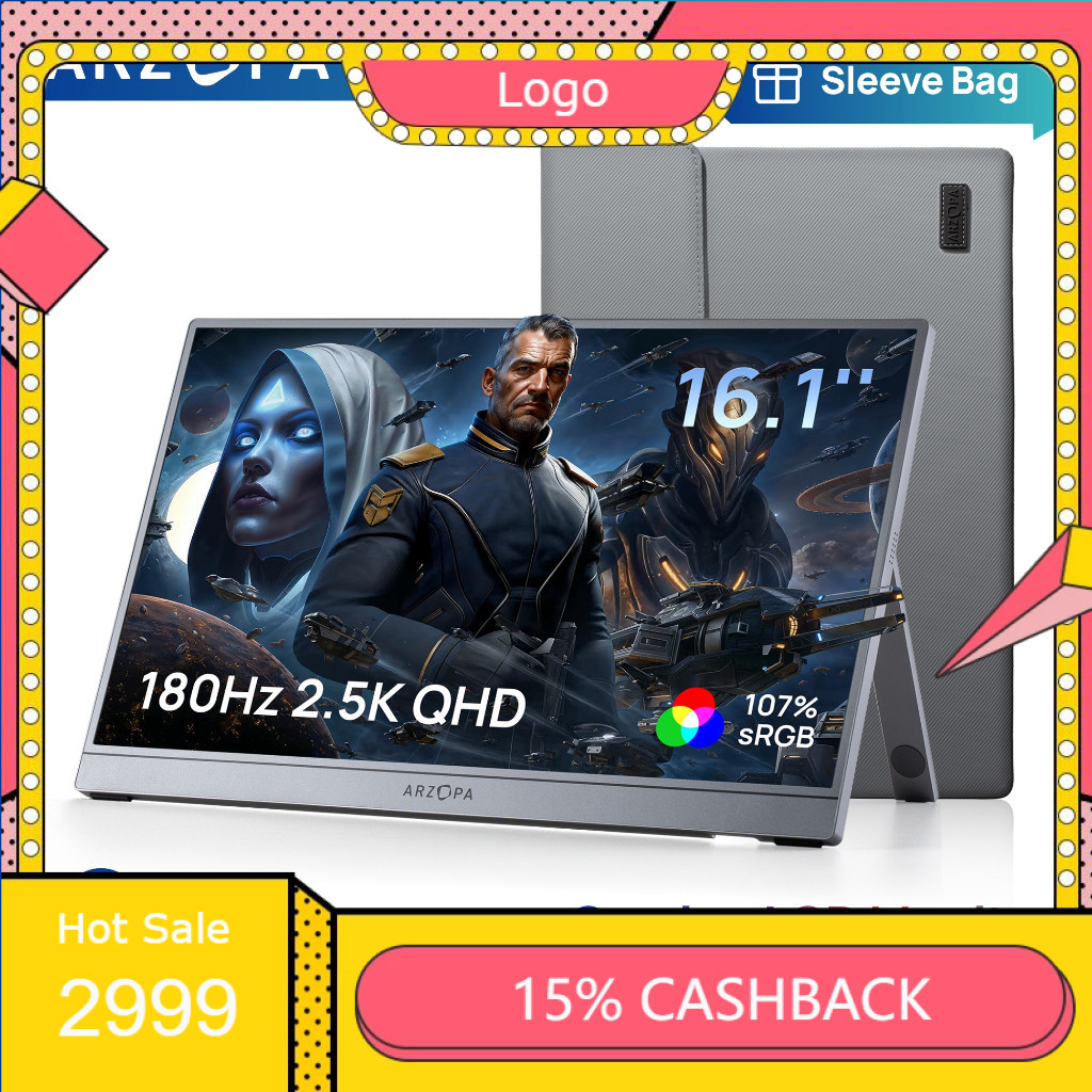 Màn hình di động ARZOPA 16.1 '' 180Hz-Z3FC Xám, Màn hình di động chân đế 2,5K 107% sRGB với HDR, Siê