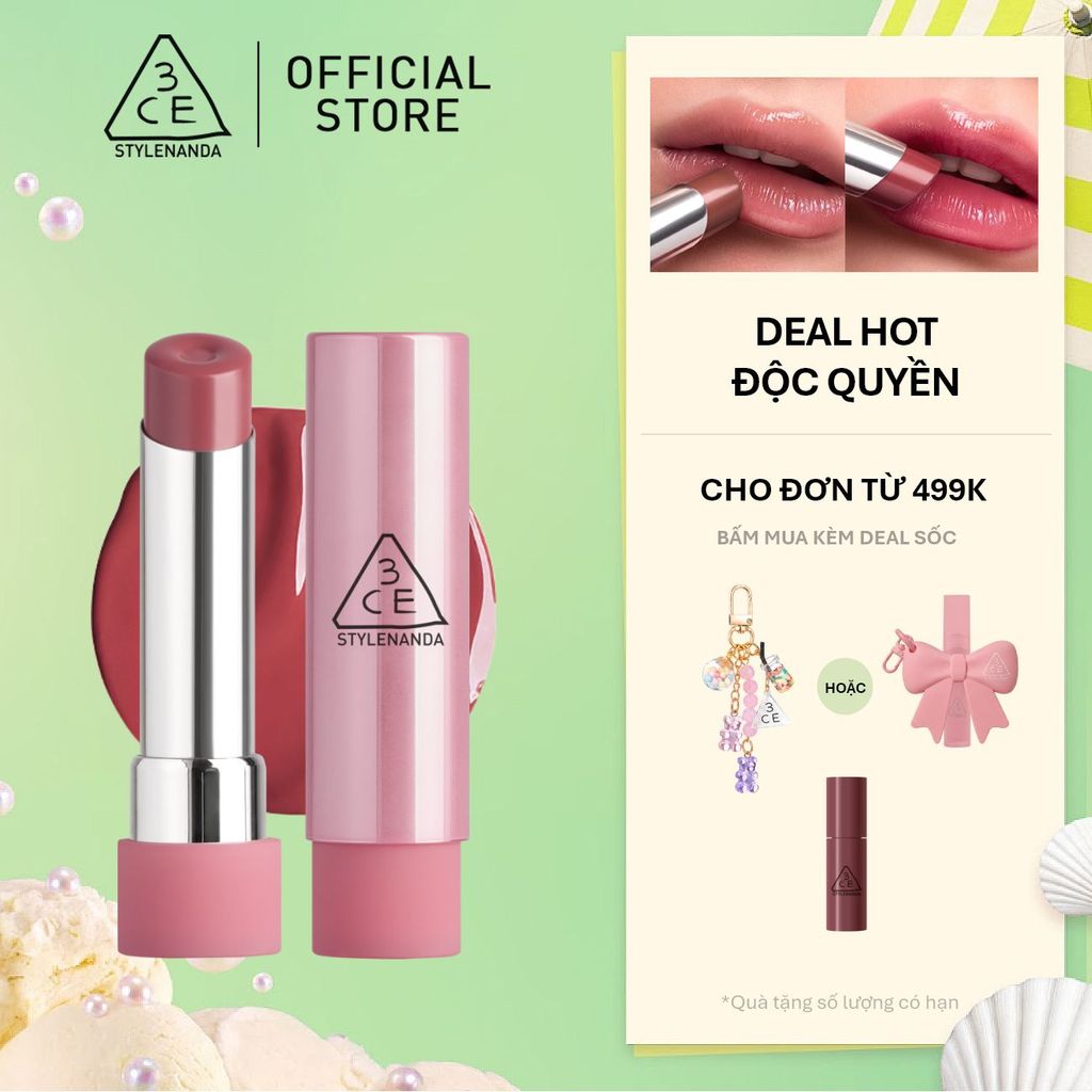 Son Bóng 3CE Glazy Lip Glow Dưỡng Môi Căng Mọng, Mềm Mịn, Lên Màu Chuẩn Sắc, Không Bết Dính, Tự Nhiên