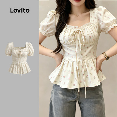 (New Arrival) Lovito Áo sơ mi thường ngày kiểu nơ cho phụ nữ mùa xuân/hè LK7AD138