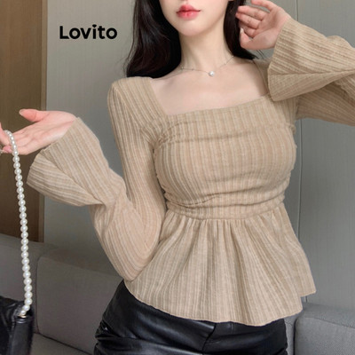 Lovito Áo thun mùa thu và áo thun cổ vuông xếp trơn thường ngày mùa đông dành cho nữ LNE29197