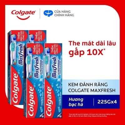 Bộ 4 Kem đánh răng Colgate Maxfresh bạc hà the mát 225g/tuýp tặng bàn chải đánh răng lông mềm