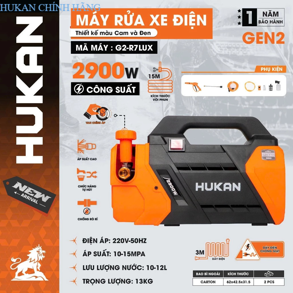 Máy Rửa Xe Điện HUKAN G2-R7LUX | Công Suất 2900W, Áp Suất 10-15MPA, CHÍNH HÃNG - HUKAN CHÍNH HÃNG