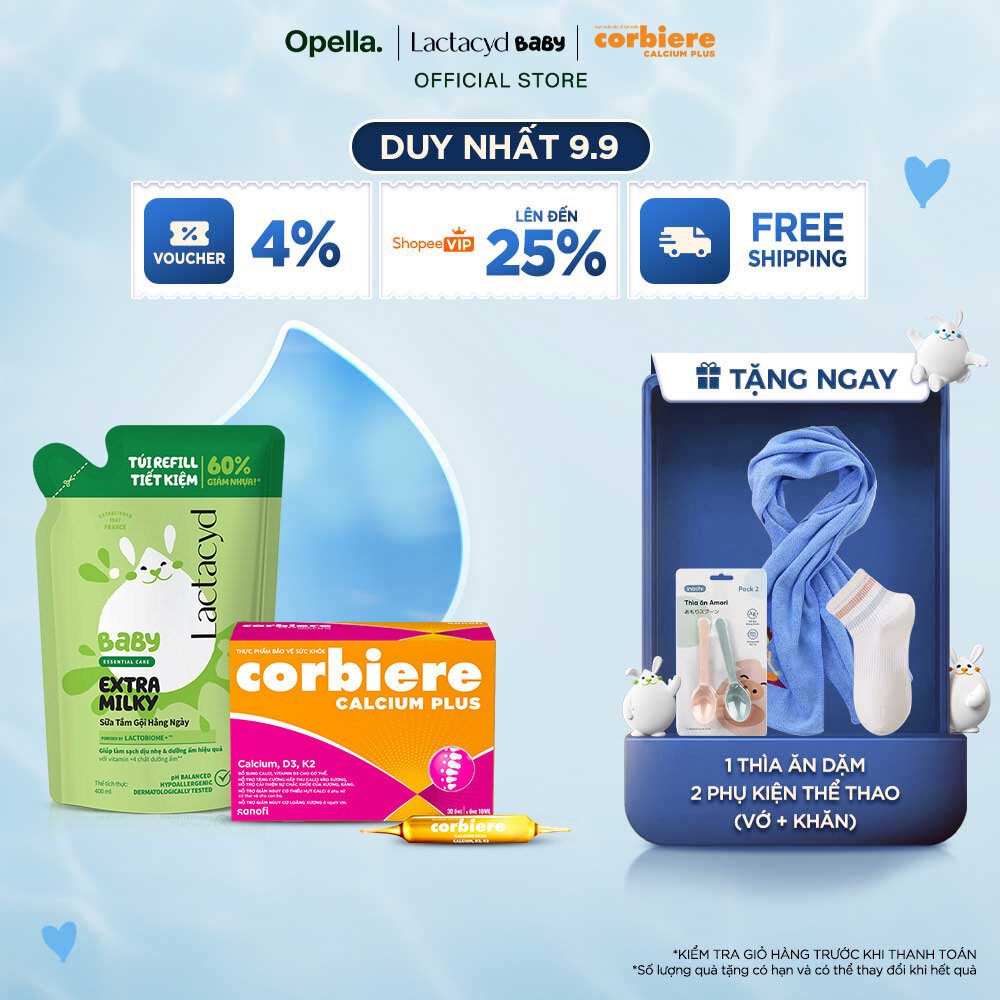 Bộ Túi Refill Lactacyd Baby Extra Milky 400ml + Thực phẩm bảo vệ sức khỏe Corbiere Calcium Plus