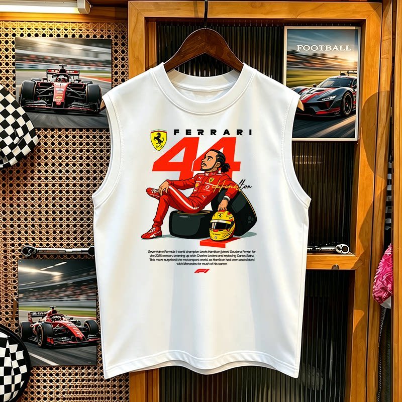 Ferrari Hamilton 44 Hoạt Hình Minh Họa In Áo Thể Thao Thời Trang Đường Phố Phong Cách 100% Cotton Cao Cấp Phong Cách Mỹ Áo Thun Nam Không Tay