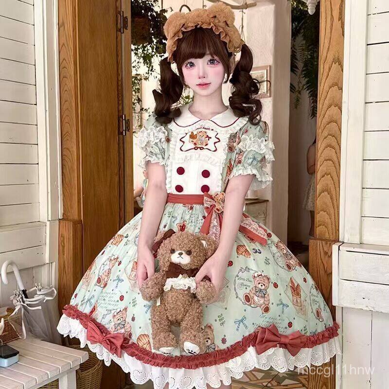 Váy liền Lolita thiết kế gấu bánh mì tay ngắn, đầm lolita ngọt ngào dễ thương cho nữ