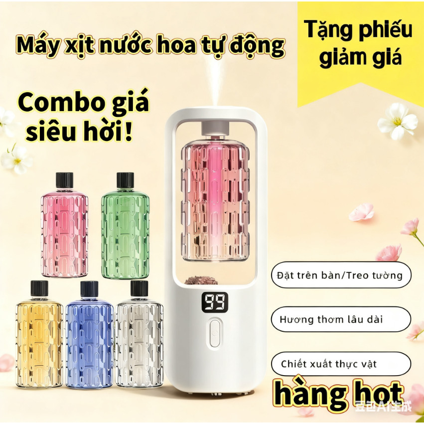 Bộ máy xông tinh dầu tự động tiết kiệm - Tặng phụ kiện, phun sương tự động, chiết xuất thực vật, để bàn/treo tường!