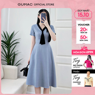 Đầm nữ form A màu xám cổ V phối dây thắt cà vạt chất liệu xược hàn rã ngang eo thời trang GUMAC LDF0609