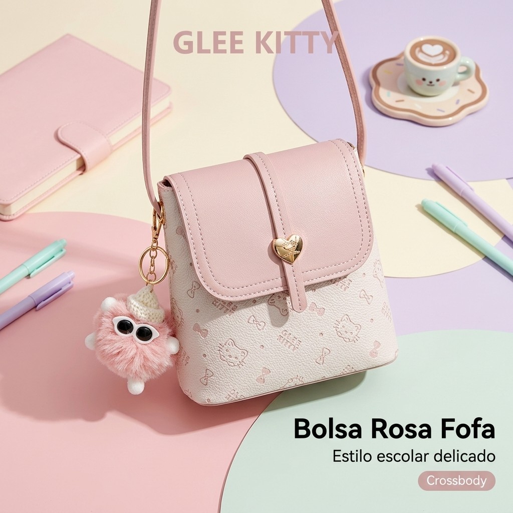 Túi đeo chéo nổi màu hồng GLEE KITTY dành cho nữ Túi đeo vai phong cách đi học dễ thương